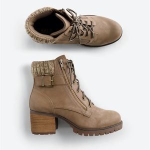 MIA Caelyn Block Heel Bootie, zippered closure with cable-knit ankle detail.